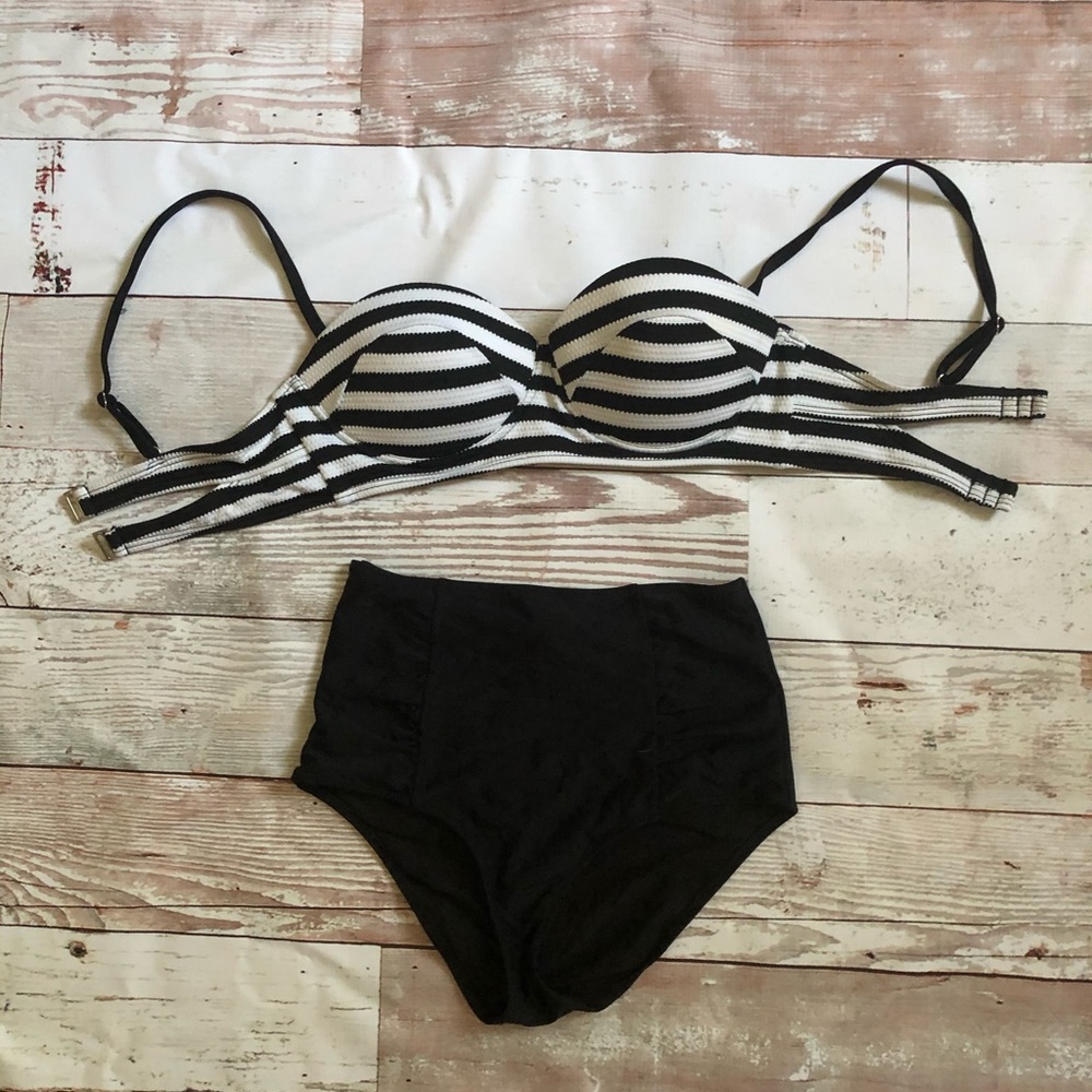 Black and White Striped Bikini Top